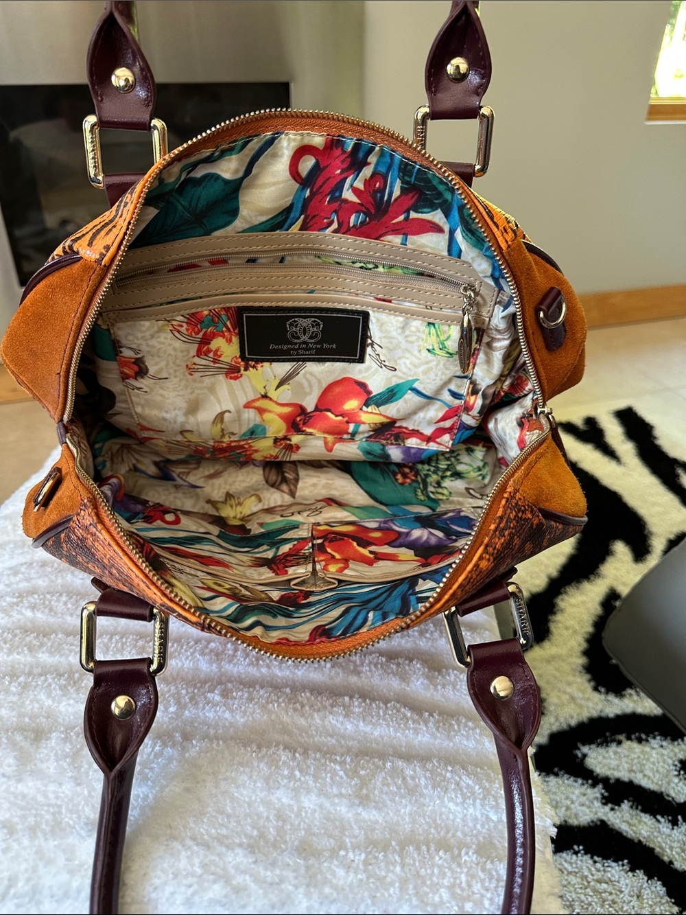 Sharif Orange & Burgundy Patterned Satchel with Gold Hardware - Picture 5 of 13